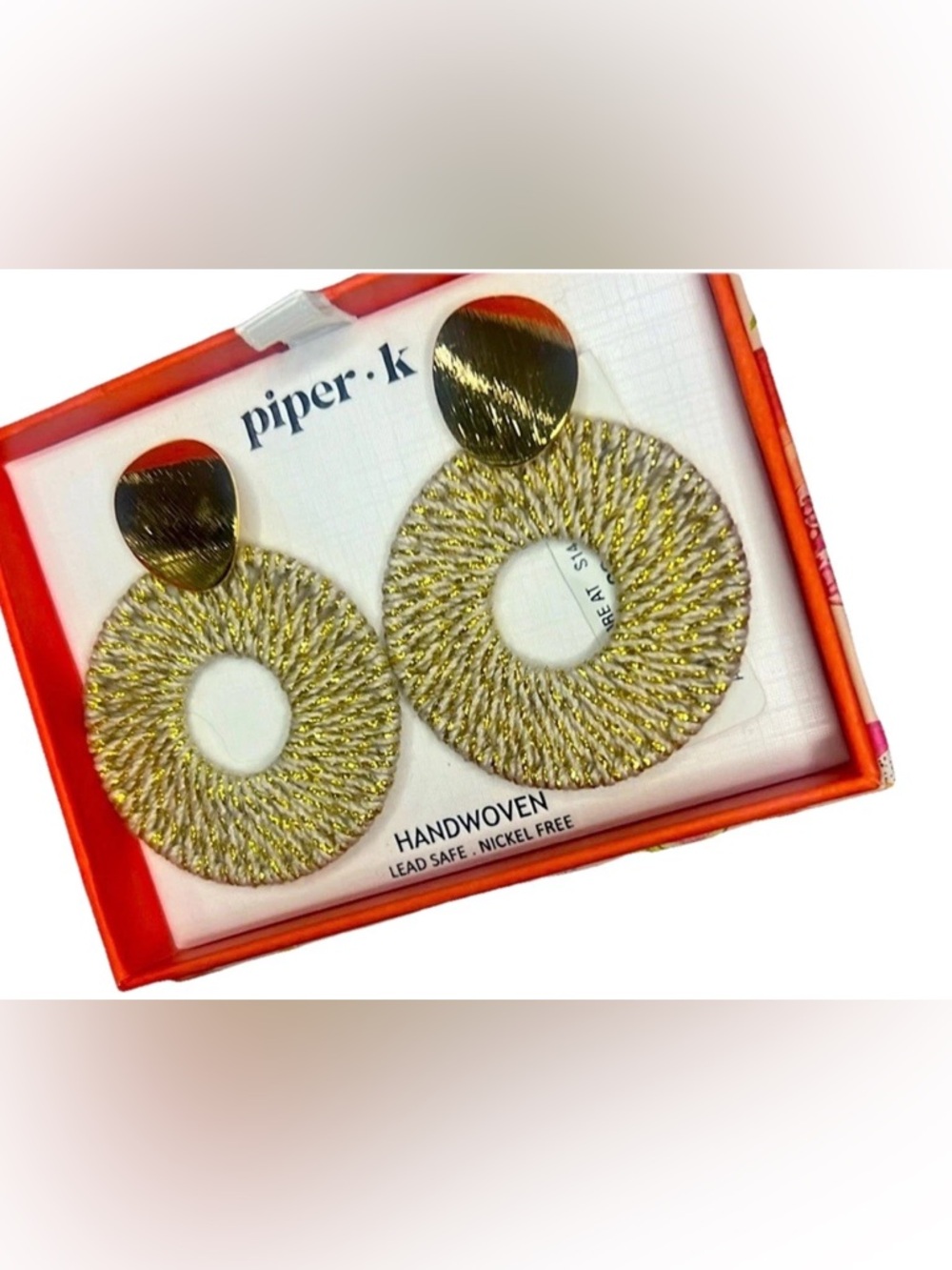 Piper K Handwoven Pierced Earrings fabric-wrapped gold stud- NWT